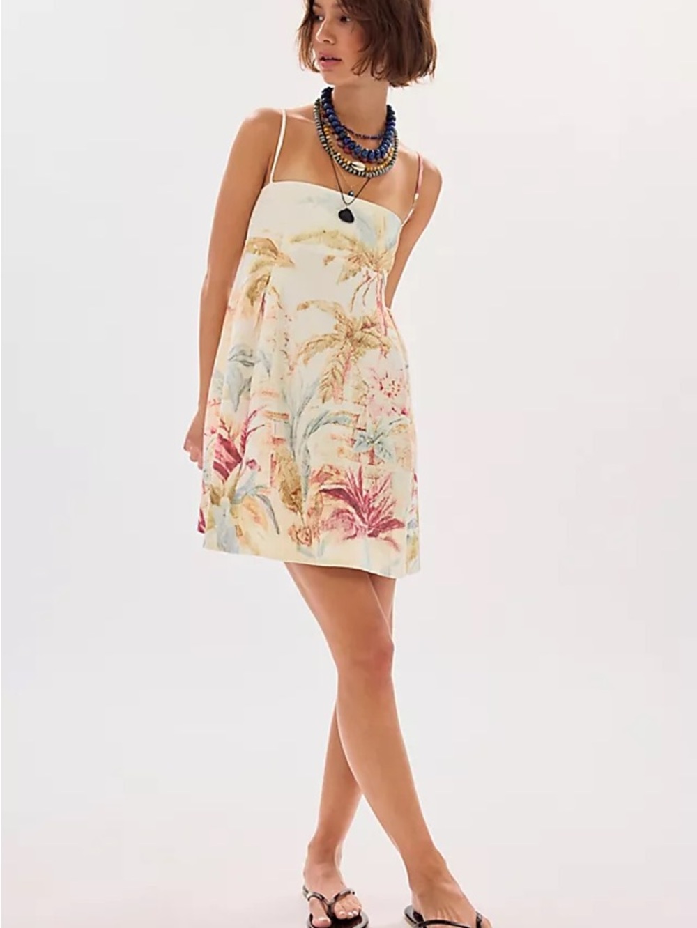 Free People Tropical Floral Spaghetti-Strap Mini Dress - Cream, Pink, Blue